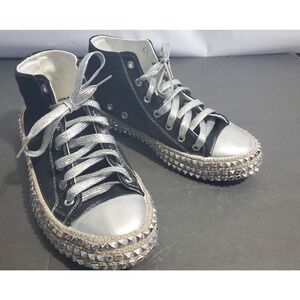 CC VV Women's Black High Top Fashion Sneakers Silver Spikes & Laces Size 6.5/245